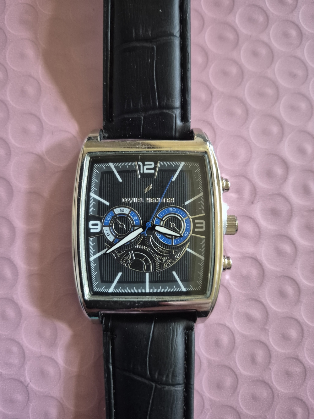 Daniel Hechter Black Dial Watch with Blue Accents and Black Leather Strap